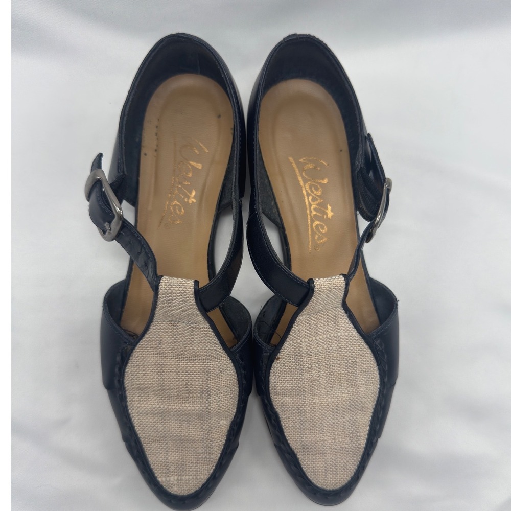 Westies T-Strap Flats Womens 8M Navy Blue Leather Linen Vintage Excellent Brazil - Picture 2 of 13